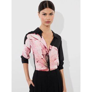 Alice + Olivia Black and Pink Floral Silk Button-Up Blouse